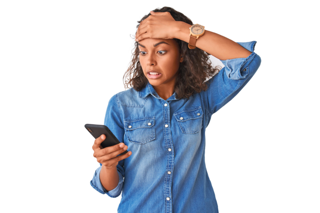 Woman in denim shirt holding smartphone with concerned expression, hand on forehead. Represents customer confusion or technical support inquiry.