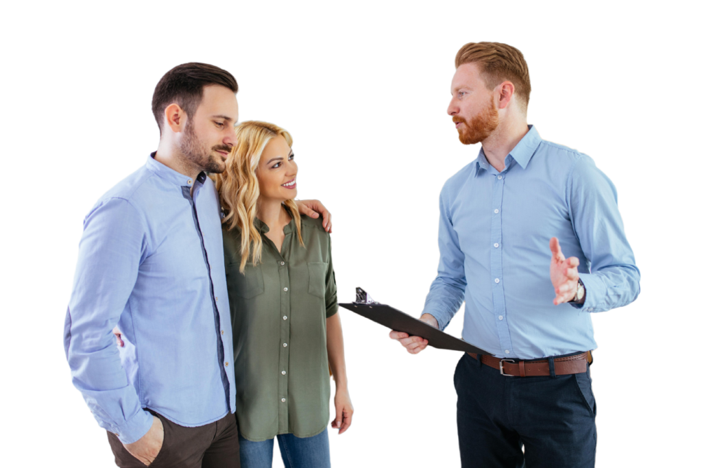HVAC technician discusses heating and air conditioning services with a couple in Northern Colorado.